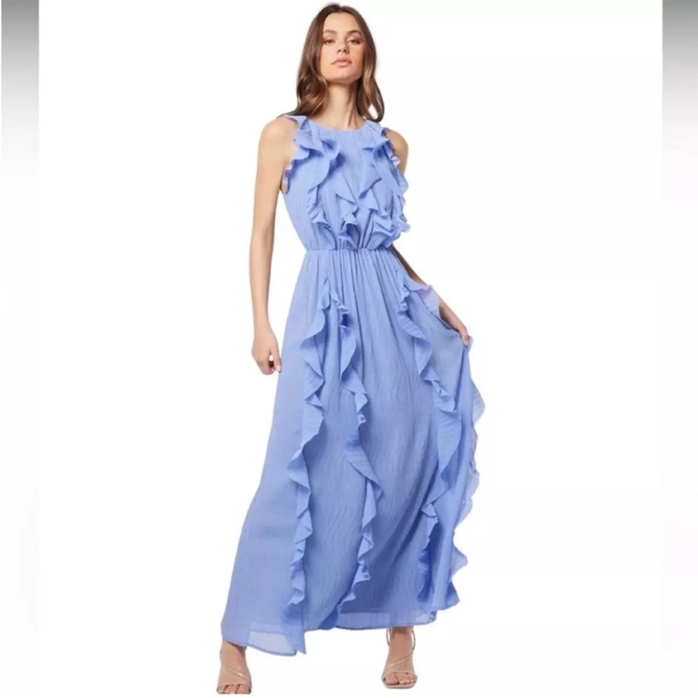 elliatt alabaster blue waterfall ruffle detail open back maxi gown dress small
